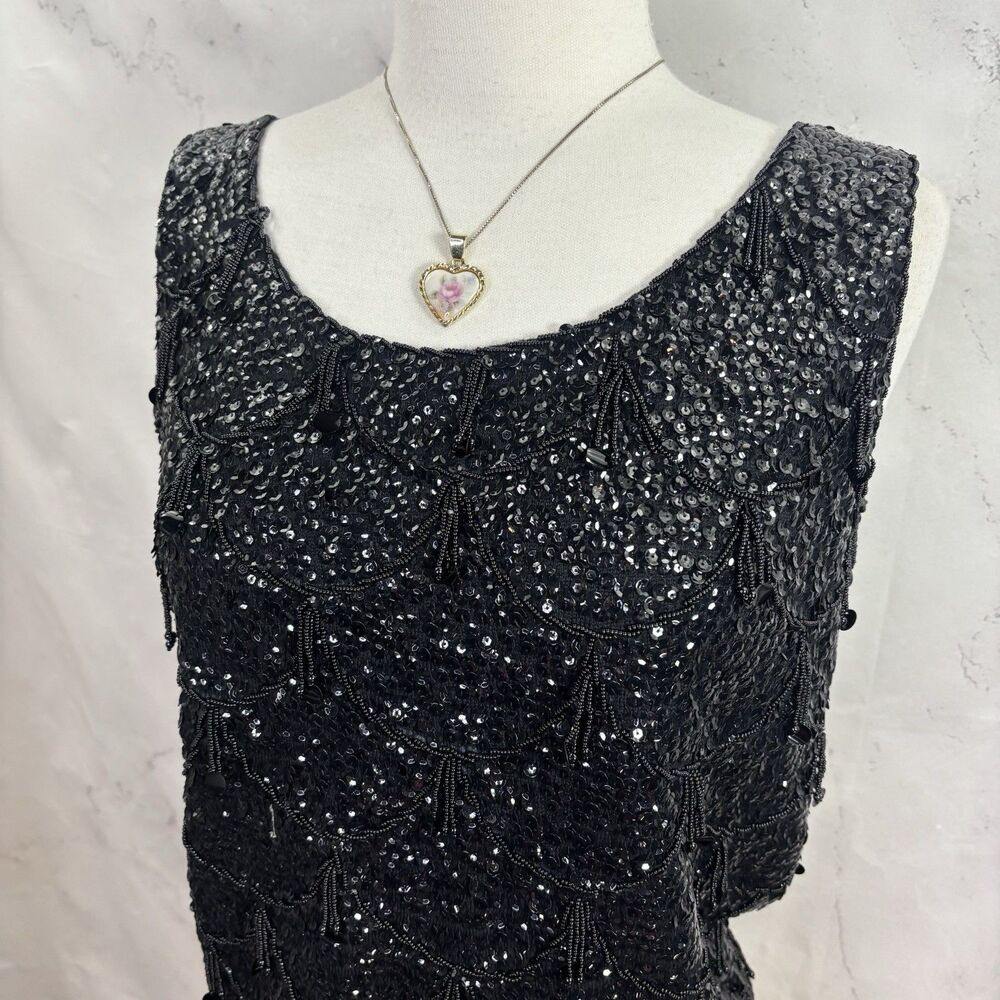Vintage 60s Flapper Black Shiny Beaded Blouse Top Fringe Sequins Silk M Glam - Picture 11 of 16